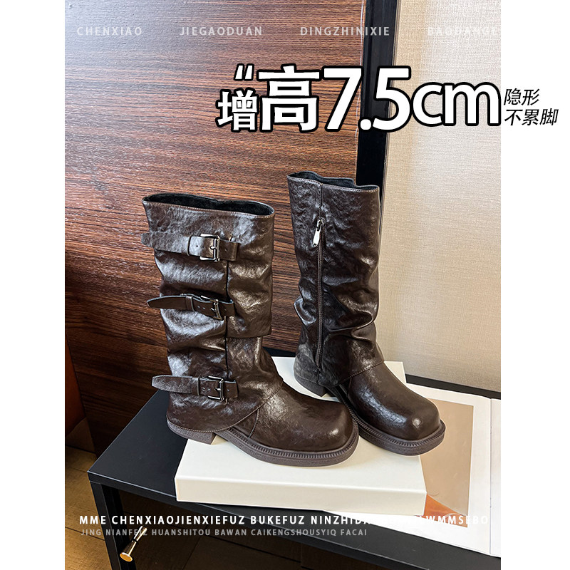 不累脚!内增高7.5CM咖色圆头玛丽珍靴子2026新款皮带扣中筒靴女