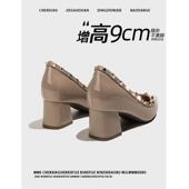 复古铆钉尖头浅口粗跟玛丽珍单鞋 不累脚 隐形内增高2025春夏季 女