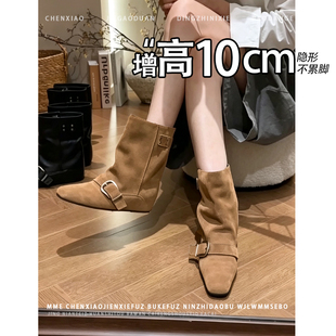 不累脚！内增高10cm方头西部靴女2026冬季复古风皮带扣时装短筒靴