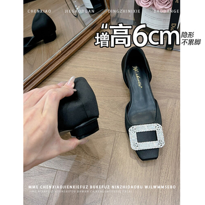 不累脚！缎面水钻方扣内增高6CM玛丽珍鞋女2025新款浅口方头单鞋