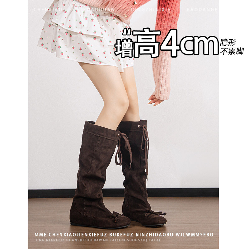 不累脚!内增高4CM蝴蝶结玛丽珍靴子2026年冬季圆头绑带长筒靴女