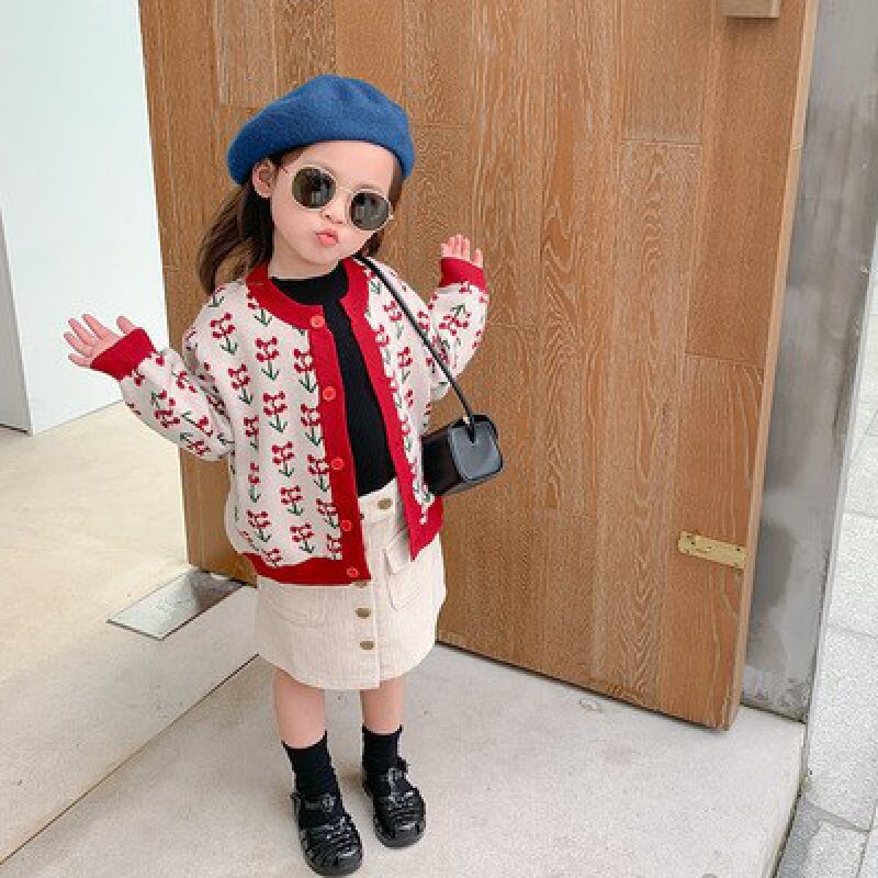 女童针织开衫2020新品中小童秋装韩版樱桃毛衣宝宝洋气长袖外套