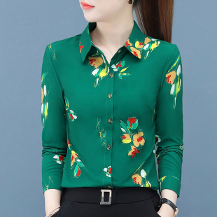 中年妈妈装 春秋新款 洋气碎花衬衣打底上衣 女长袖 雪纺绿色印花衬衫