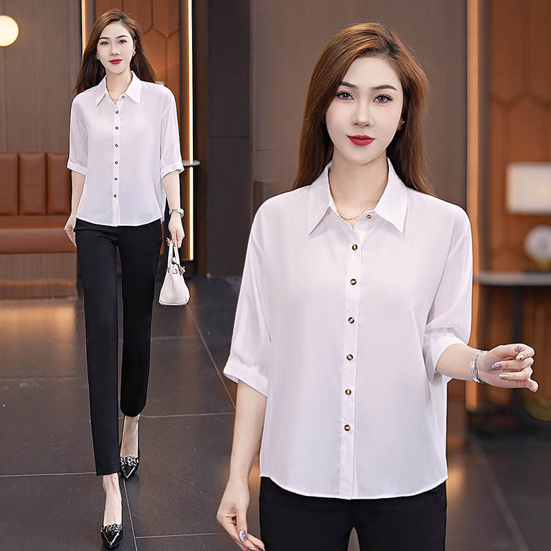 2026新款妈妈夏装雪纺衬衫中老年女装春秋七分袖翻领T恤洋气上衣