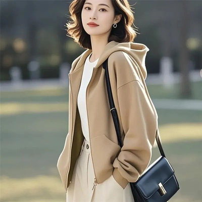 时尚连帽卫衣洋气高档外套女2026早春新款时尚百搭宽松开衫上衣