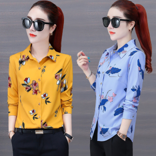 中年妈妈装 印花2024春秋新款 碎花衬衣雪纺衫 大码 衬衫 打底衫 女长袖