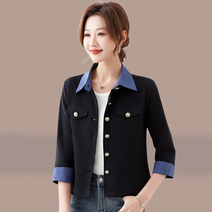 小外套女春季秋新款七分袖拼接衬衫领显瘦薄款小香风针织短款上衣