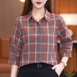 百搭宽松休闲七分袖 棉质格子女士衬衫 韩版 新款 格纹衬衣上衣女 中袖