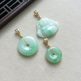 原创设计18K金吊坠翡翠A货平安扣玉佛四季 豆黄金扣头镶嵌手工玉坠