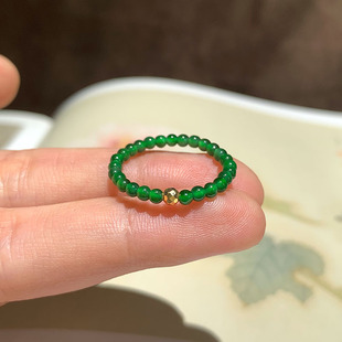 18k金轻奢高级感翡翠辣阳绿戒指天然冰种玉石小米珠指环中式极细