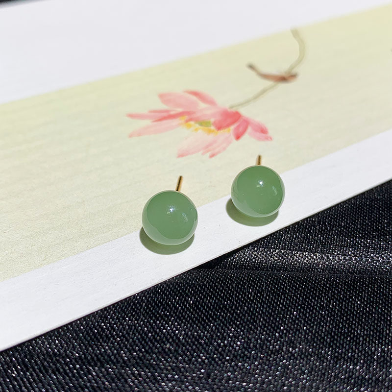 天然和田玉碧玉圆珠耳钉925银简约百搭轻奢高级感耳饰气质女礼物