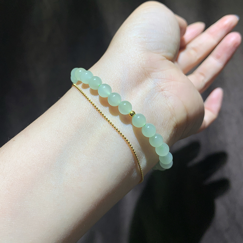 天然和田玉手串999足金青海料晴水青白玉单圈手链冰底圆珠女礼物