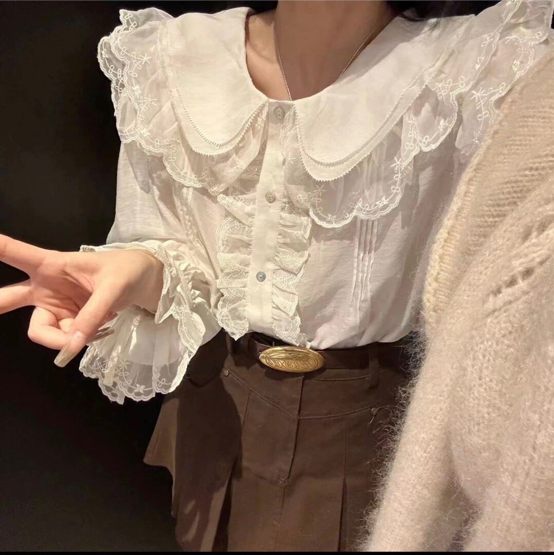 荷叶边衬衫女设计感小众2023春款娃娃领衬衣气质名媛