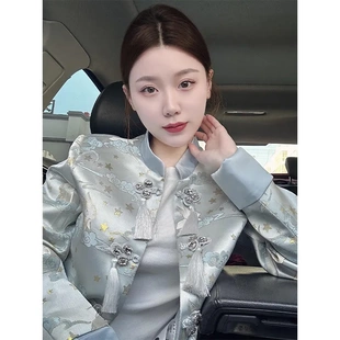 YT123594新中式 国风女装 盘扣上衣小香风蓝色外套春秋小个子秋装