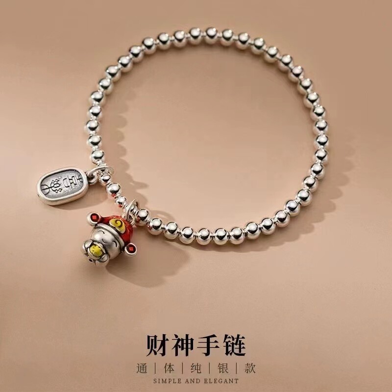 足银9993D硬银烤漆彩色五路财神爷平安足银手链招财弹力线编织