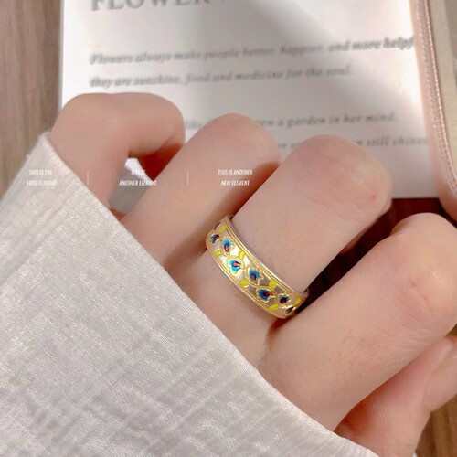 足银9999银珐琅彩景泰蓝描金藤花情侣戒指工艺开口女士指环烧蓝