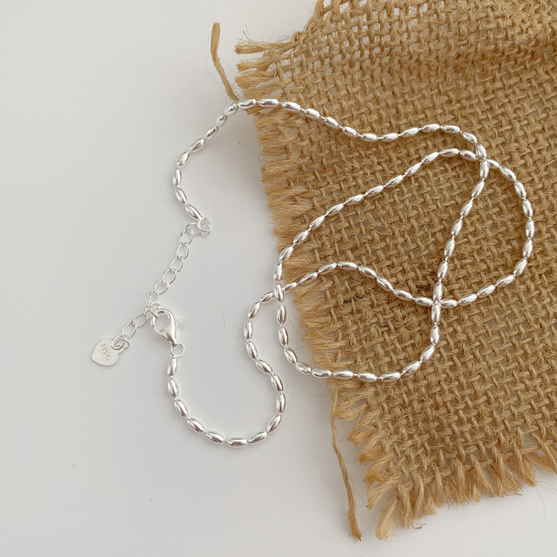 通体纯银足银S999米粒橄榄珠项链素链女小众设计单链子锁骨链轻奢