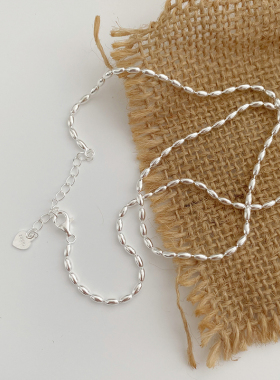 通体纯银足银S999米粒橄榄珠项链素链女小众设计单链子锁骨链轻奢