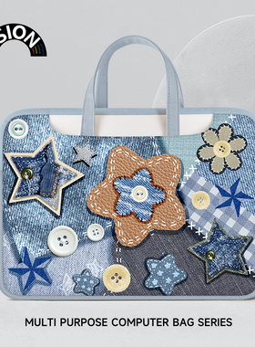 V-SION蓝色牛仔笔记本重磅电脑包手提适用苹果macbook15点6寸小新air13华为matebook联想女14内胆包