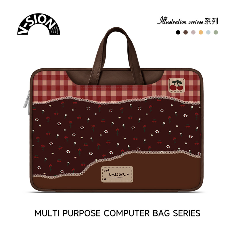 唯鑫V-SION格纹小花笔记本重磅电脑包适用于苹果macbook15点6寸手提包小新华为matebook联想女14内胆包