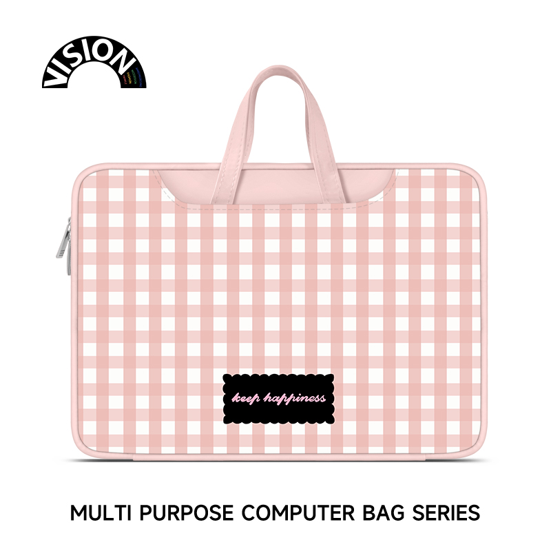 V-SION原创插画浅粉格子笔记本重磅电脑包手提适用苹果macbook15点6寸小新air13华为matebook联想女14内胆包