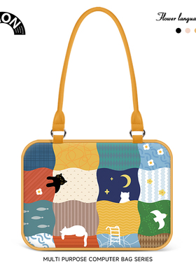 V-SION黑色猫咪笔记本重磅托特电脑包女2024款手提适用于苹果macbook15.6小新air13华为matebook联想14内胆包