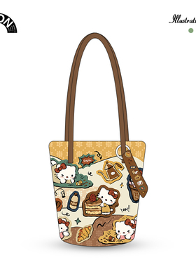 唯鑫V-SION甜品Kitt新款插画联名休闲时尚通勤斜挎加长水桶帆布包