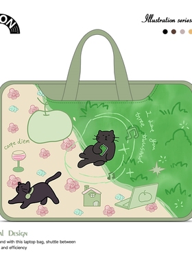 V-SION黑色小猫笔记本重磅电脑包适用于苹果macbook15点6寸手提包小新air13华为matebook联想女14内胆包