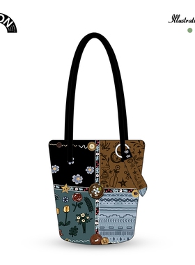 唯鑫V-SION复古拼花新款插画联名休闲时尚通勤斜挎加长水桶帆布包