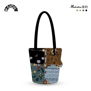 唯鑫V-SION复古拼花新款插画联名休闲时尚通勤斜挎加长水桶帆布包