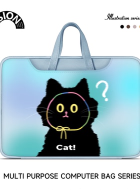 V-SION疑问黑色猫咪笔记本重磅电脑包适用于苹果macbook15点6寸手提包小新air13华为matebook联想女14内胆包