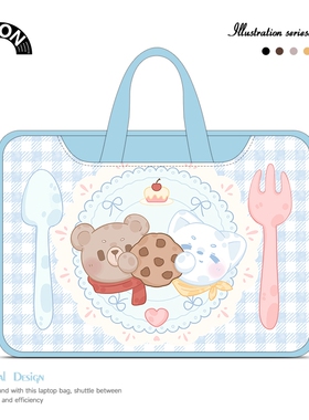V-SION卡通蓝色小熊笔记本重磅电脑包适用于苹果macbook15点6寸手提包小新air13华为matebook联想女14内胆包