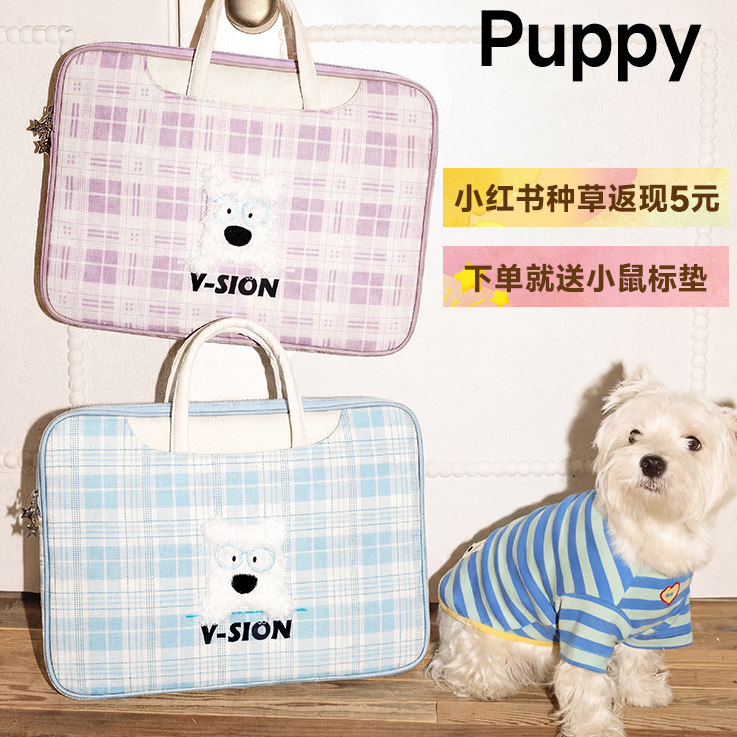 V-SION西高地手提笔记本电脑包刺绣日常休闲防摔防震通勤包包适用苹果macbook15.6寸小新air13.3华为14保护套
