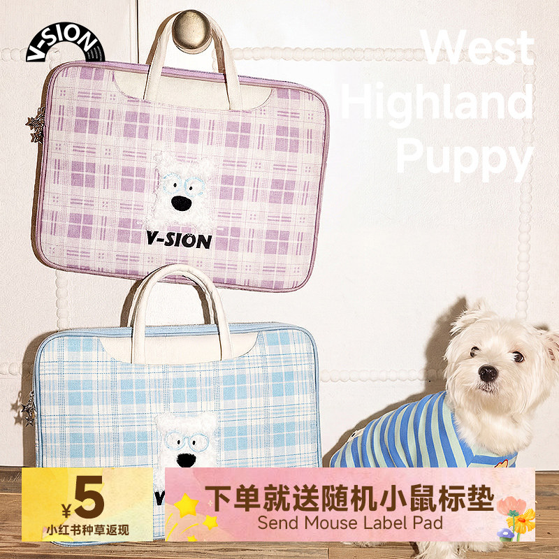 V-SION西高地手提笔记本电脑包刺绣日常休闲防摔防震通勤包包适用苹果macbook15.6寸小新air13.3华为14保护套