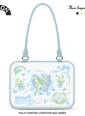 V-SION绿色涂鸦蝴蝶笔记本重磅托特电脑包女2024款手提适用苹果macbook15.6小新air13华为matebook联想14内胆