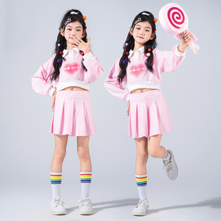 美美桑内爵士舞演出服女长袖 粉色啦啦操 甜美儿童凑热闹现代舞服装