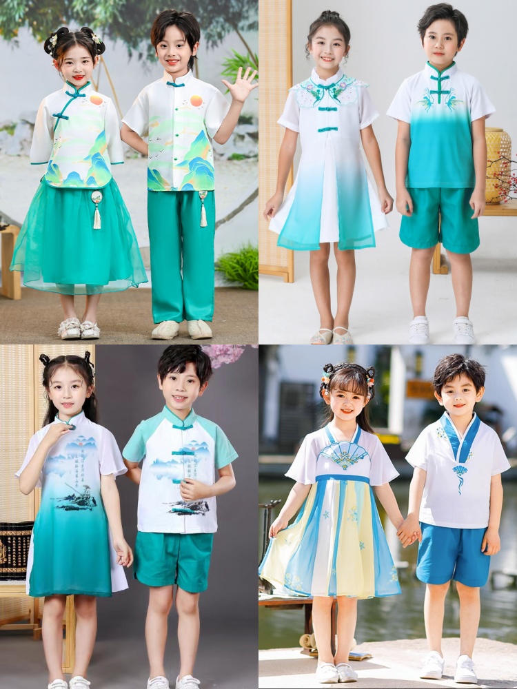 小学生上春山演出服男女童汉服绿色儿童唐诗雅韵百家姓国学舞蹈服