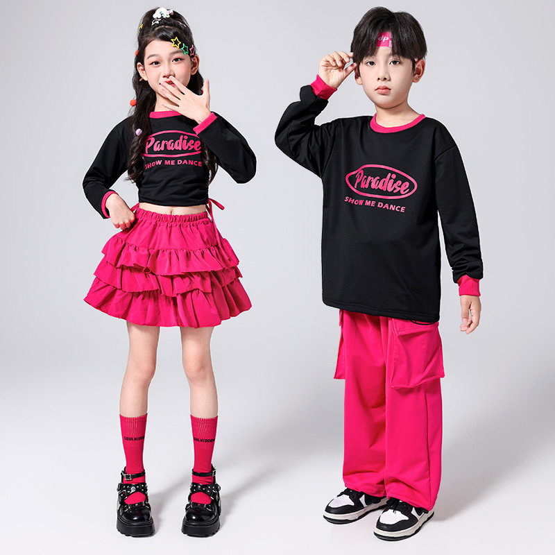 zoo疯狂动物城2舞蹈服男女童啦啦操少儿apt爵士舞演出服长袖玫红