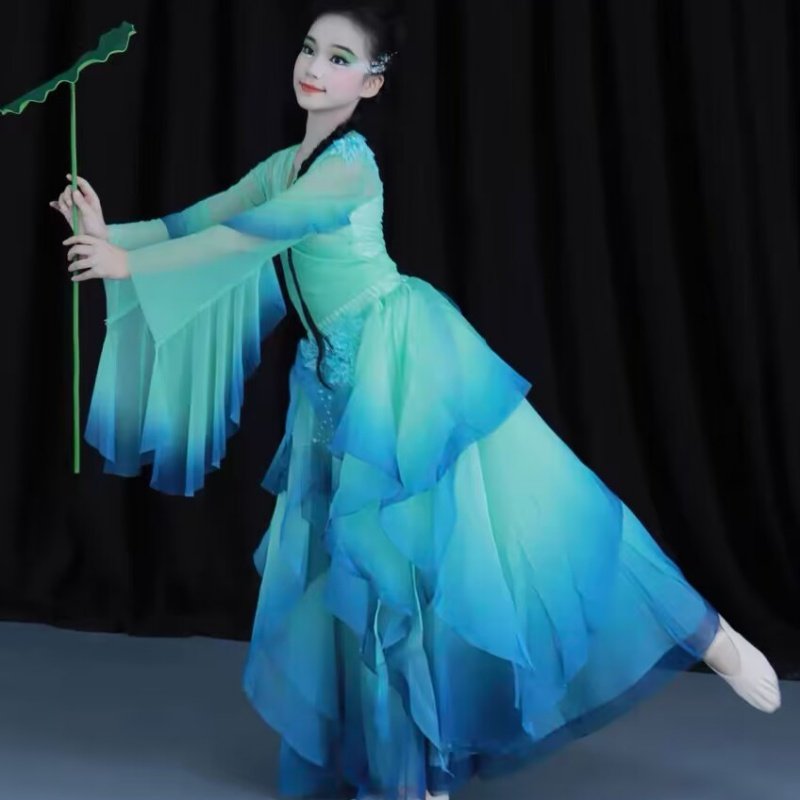 儿童烟雨小镇采莲古典舞演出服九歌山鬼入画江南舞蹈服女飘逸绿色