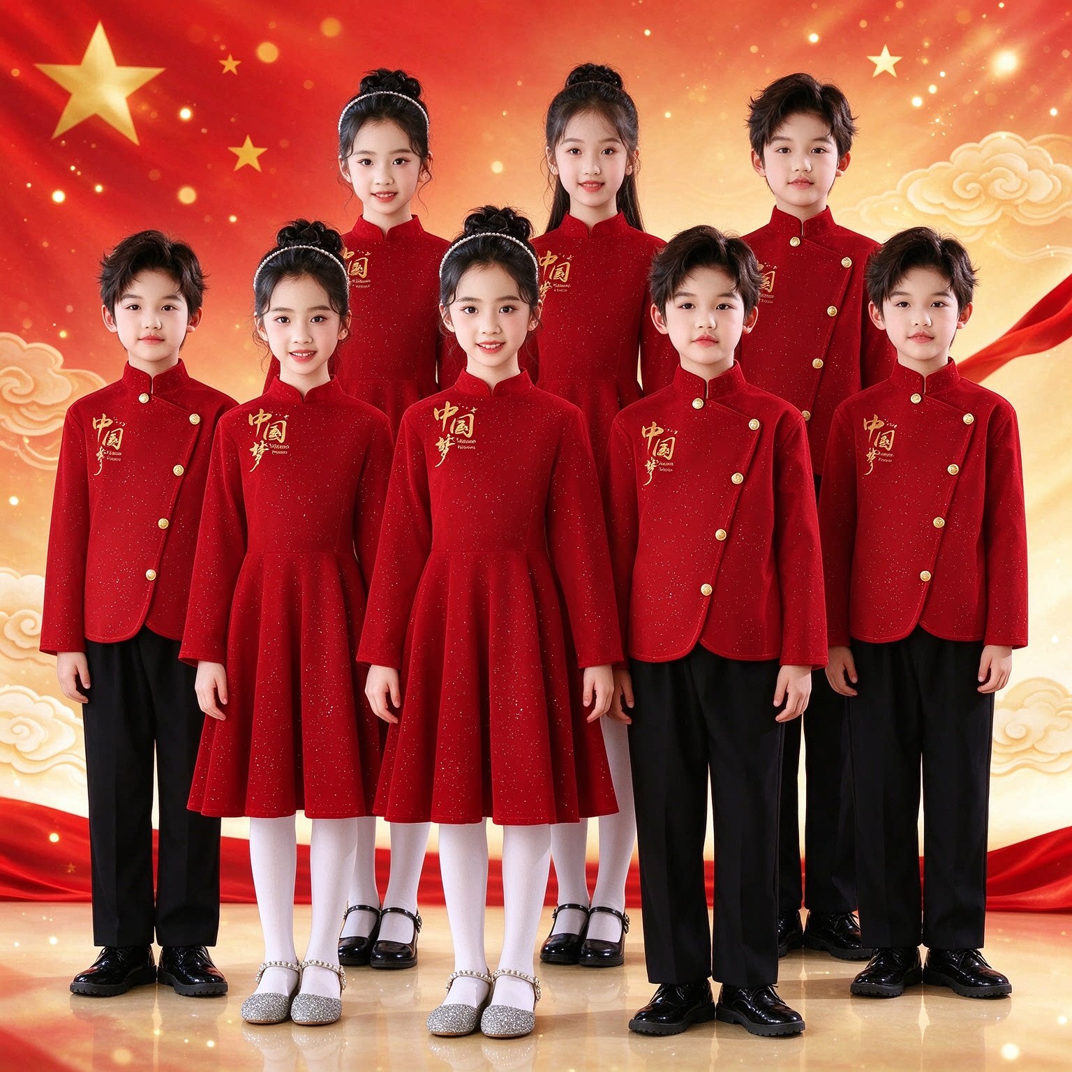 少儿歌颂长征爱国表演旗帜上的中国合唱服元旦童心向党演出服加绒