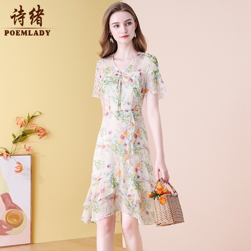 品牌轻奢绿色100桑蚕丝真丝印花连衣裙女夏2022新款气质减龄59737