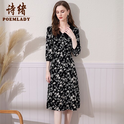 POEMLADY黑色法式优雅印花连衣裙