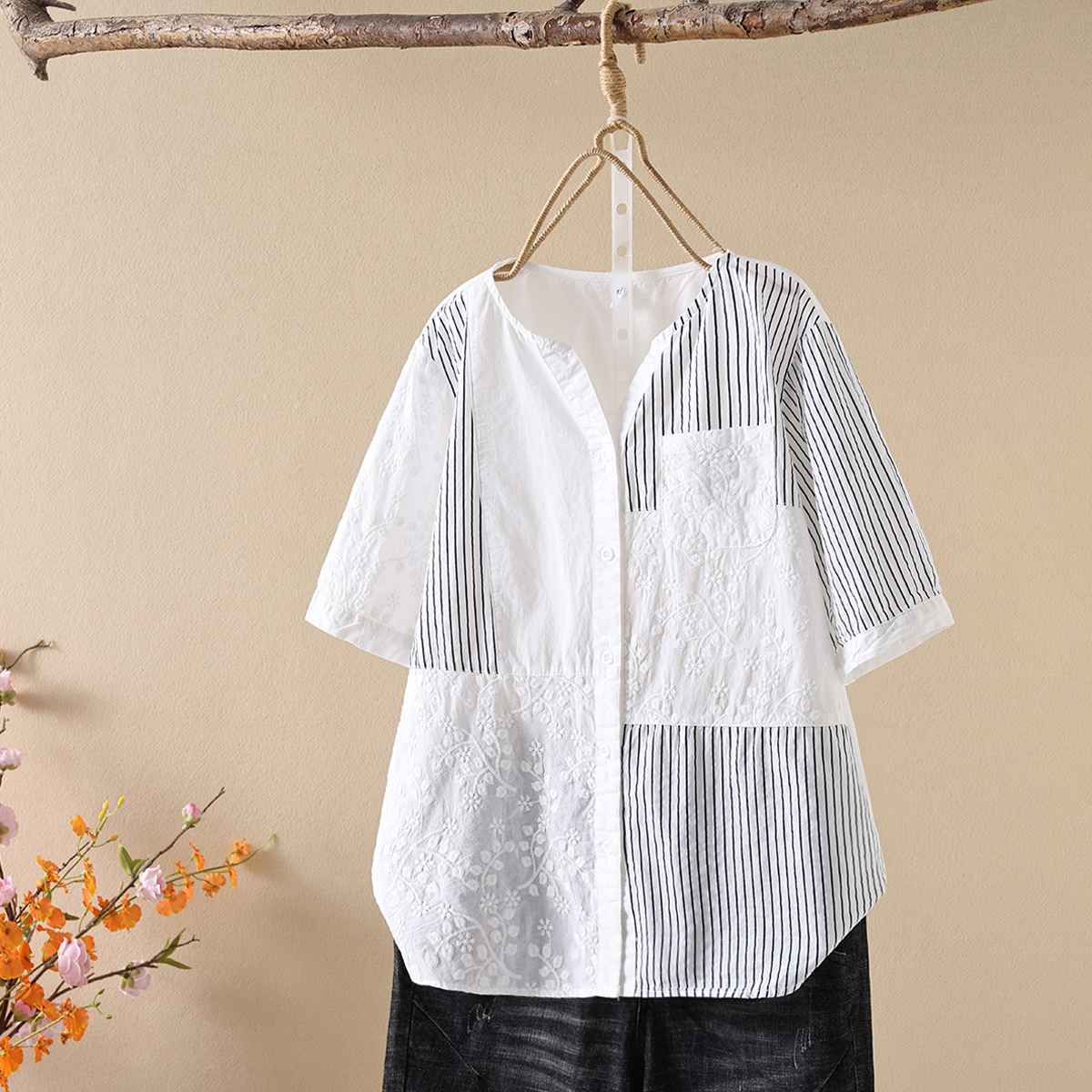 卡姿尚夏季新款纯棉刺绣短袖衬衫