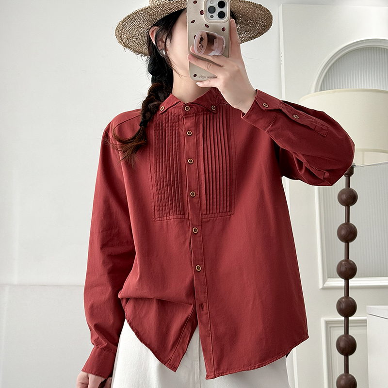 小众设计感秋季新款长袖衬衫上衣复古文艺风纯棉别致翼领精致衬衣