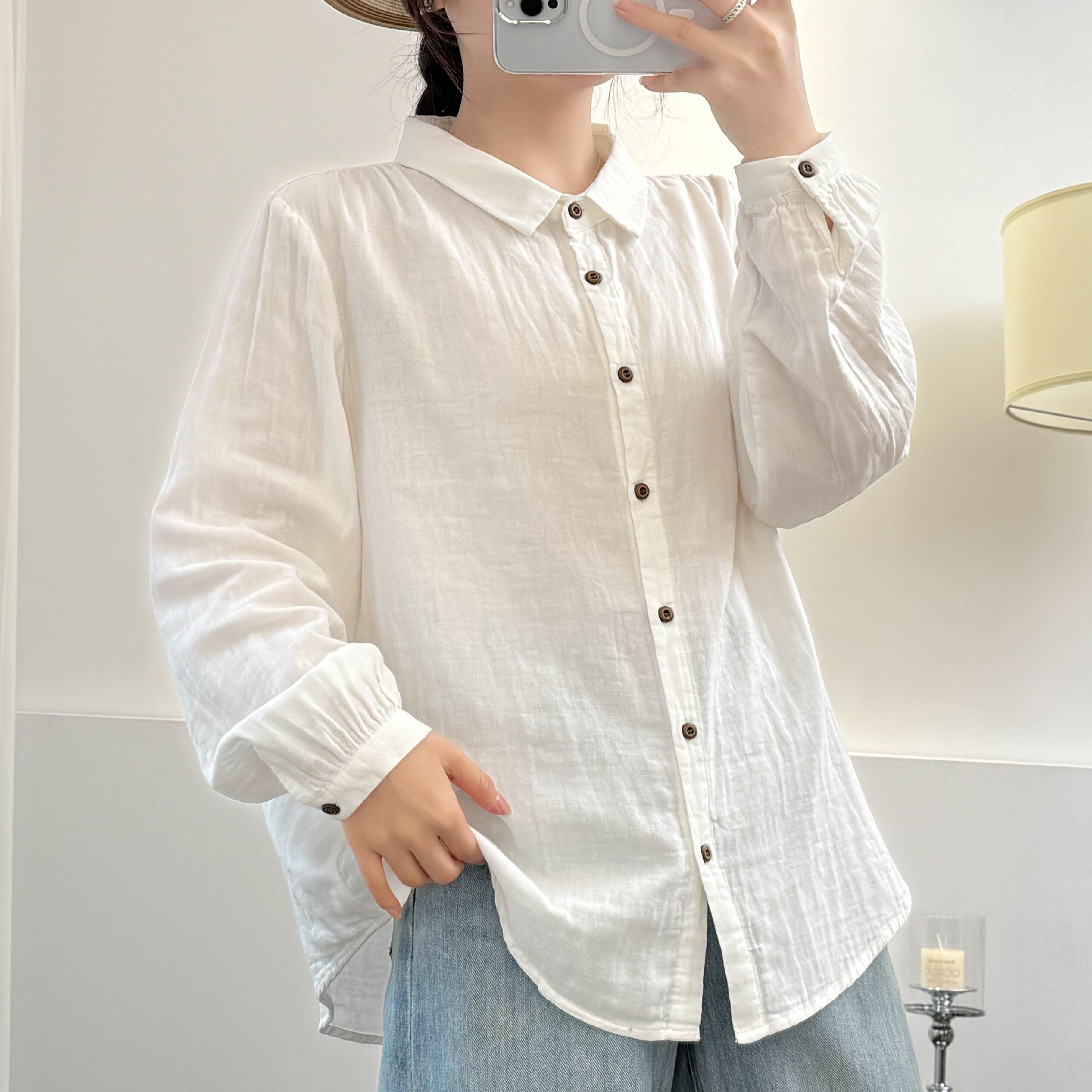 文艺简约纯棉棉纱衬衫女长袖翻领宽松显瘦百搭衬衣上衣