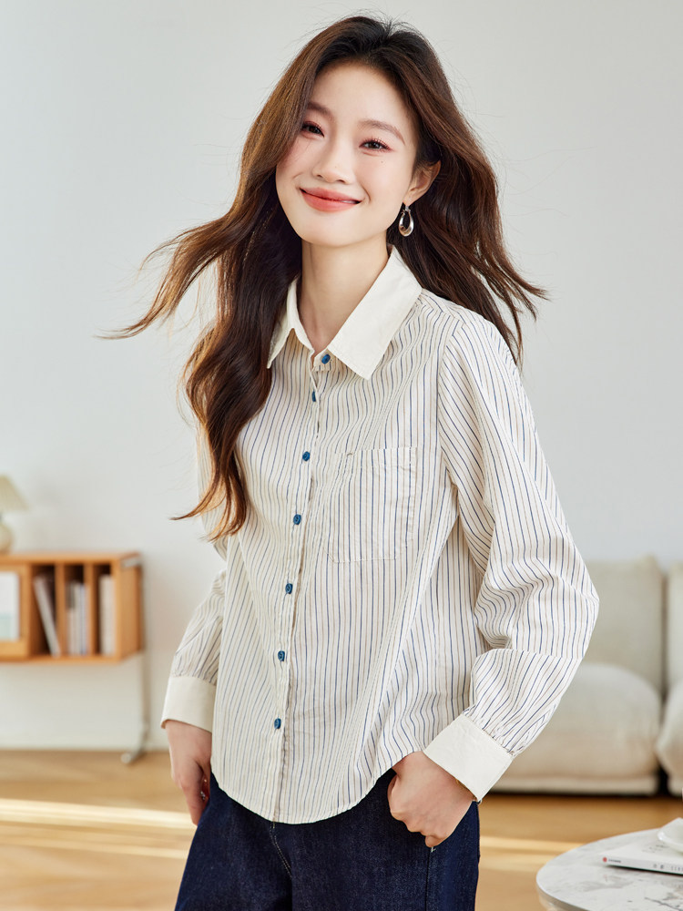 thumbnail for 纯棉翻领条纹衬衫气质千金风POLO领上衣春秋百搭韩版长袖衬衣开衫