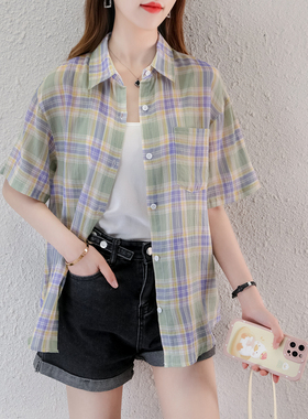 纯棉格子衬衫女2023年夏季新款宽松绿色短袖衬衣港味防晒外套上衣