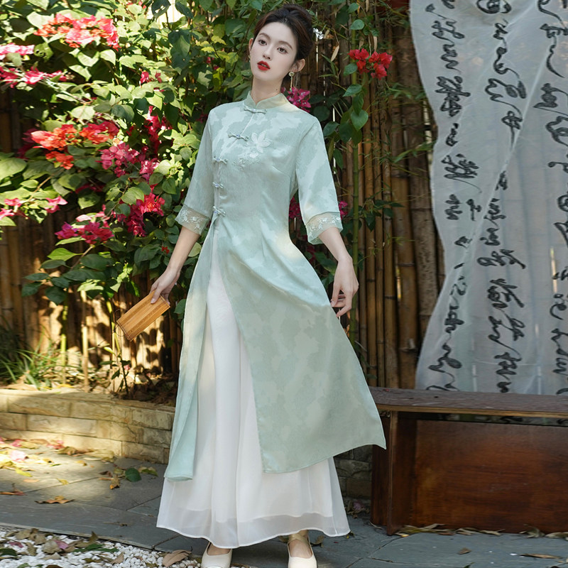 国风改良旗袍日常新中式禅意茶服套装采耳养生显瘦仙气奥黛两件套