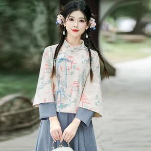 新中式国风印花小个子茶艺服套装女款日常年轻宽松复古唐装两件套