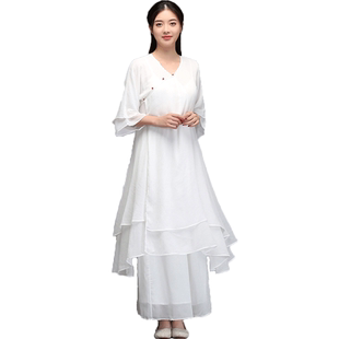 禅舞服装女套装中国风禅意仙女飘逸白色连衣裙茶服禅服大码三件套